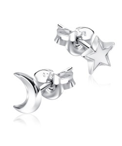 Crescent Moon and Star Shaped Silver Ear Stud STS-5526